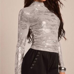 Zara Metallic Silver Mesh Long Sleeve Top
